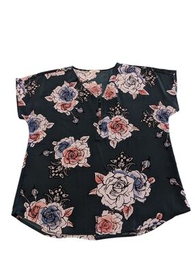 Maurices Floral V-Neck Top in Dark Green with Pink, Blue, & Cream Roses